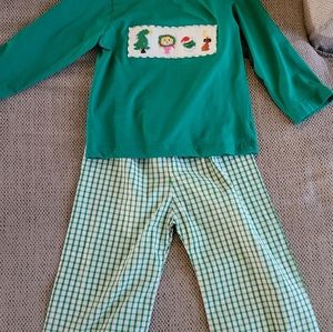 3t Grinch smock, green, plaid, smoke free home. We do have a dog.